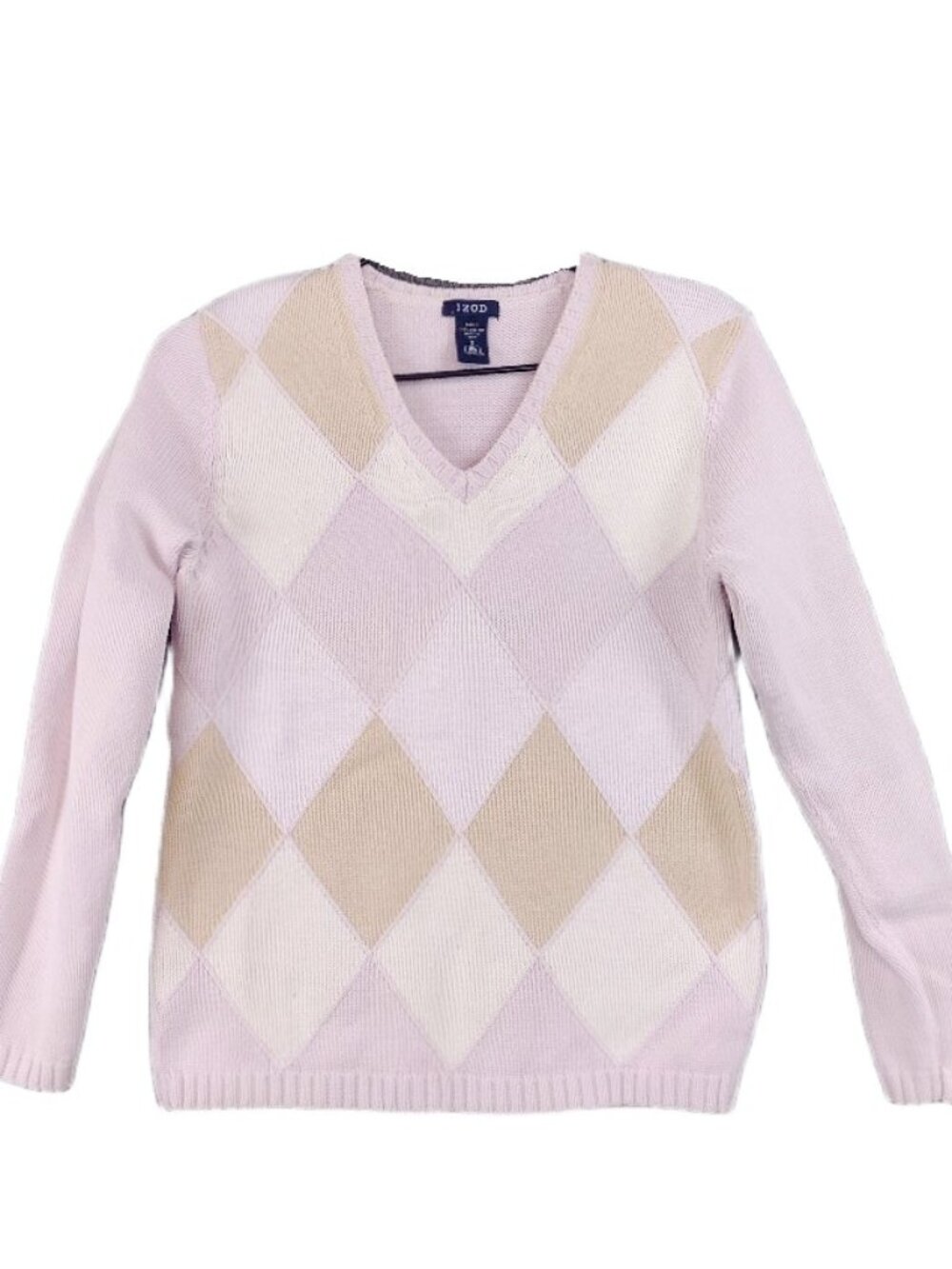 VTG IZOD Sweater Women's Small Preppy Pink Argyle V Neck 100% Cotton Long Sleeve